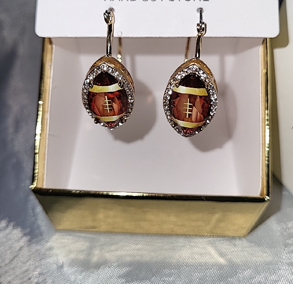 Football Gold-Tone Brown Faceted Hoop Earrings with Crystal Halo Bnib Ta
